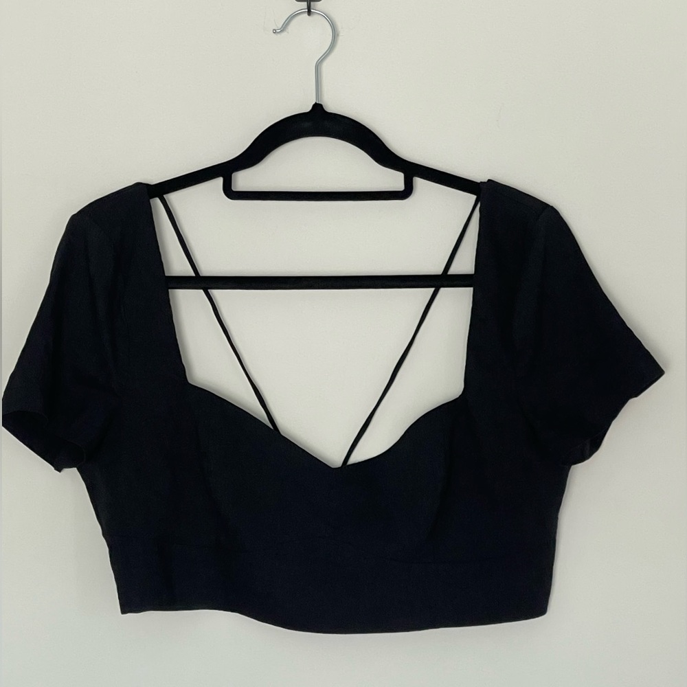 Zara Women’s Large Linen Blend Crop Top Black Gypsy‎ Boho Summer Vacation